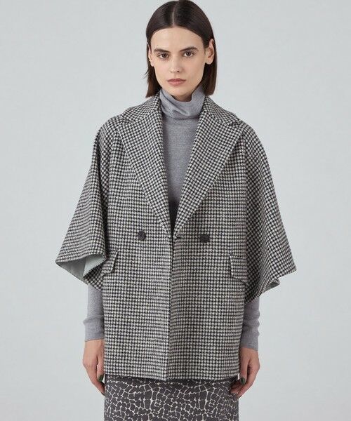 セール】 ウールカシミヤシェファード フレアスリーブショートコート