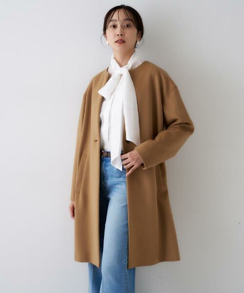 ゆったり/軽やか】カシミヤ混ノーカラーコート （その他アウター