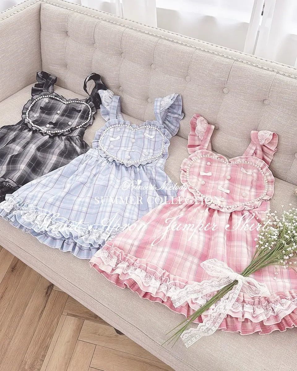 Princess Melody】チェックパールハートエプロンジャンスカ - ピンク