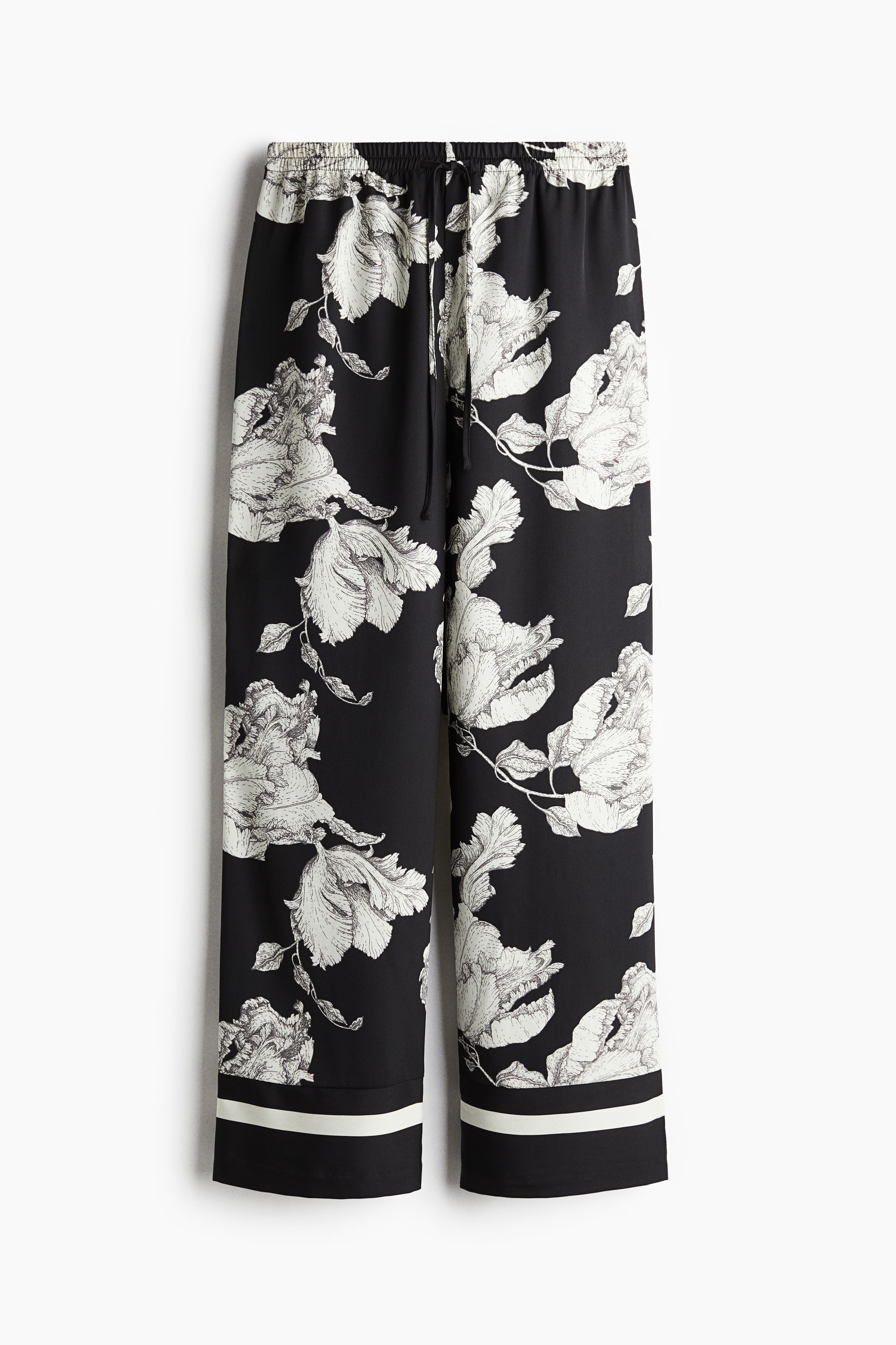 Women's Black/white floral Drawstring Twill Pants | H&M CA