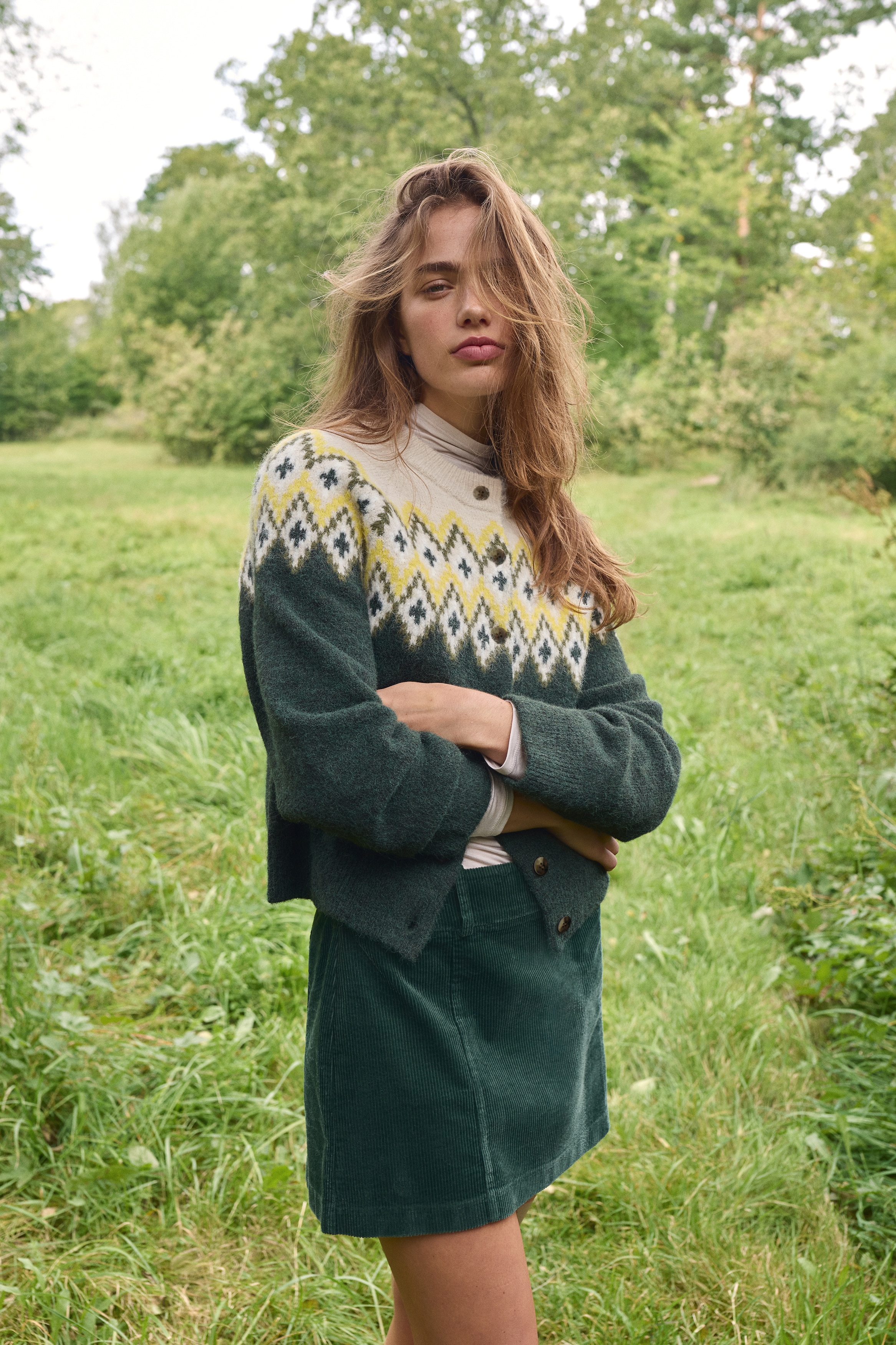 Jacquard-Knit Cardigan - Dark green/patterned - Ladies | H&M US