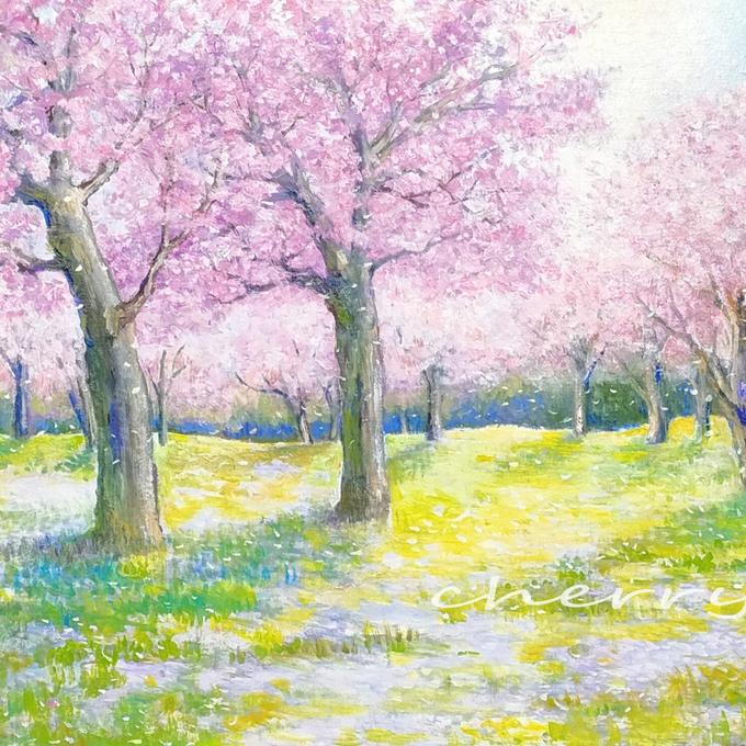 油絵 油彩 油彩画 絵 絵画【春景色の中で桜に立つ鹿】 油絵 油彩 油彩
