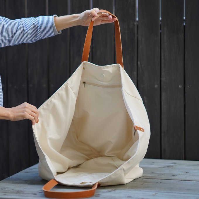 ﾓﾘﾉｶﾞｯｺｳ 本革持ち手 2way ビッグトートバッグ (キャンバスホワイト