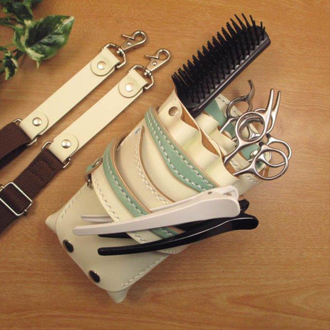 ホワイト＆空色 6丁差し 本革シザーケース SCA-63/WHB