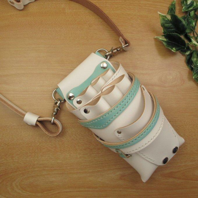 ホワイト＆空色 6丁差し 革ベルト付 本革 シザーケース SCL-154/CWC