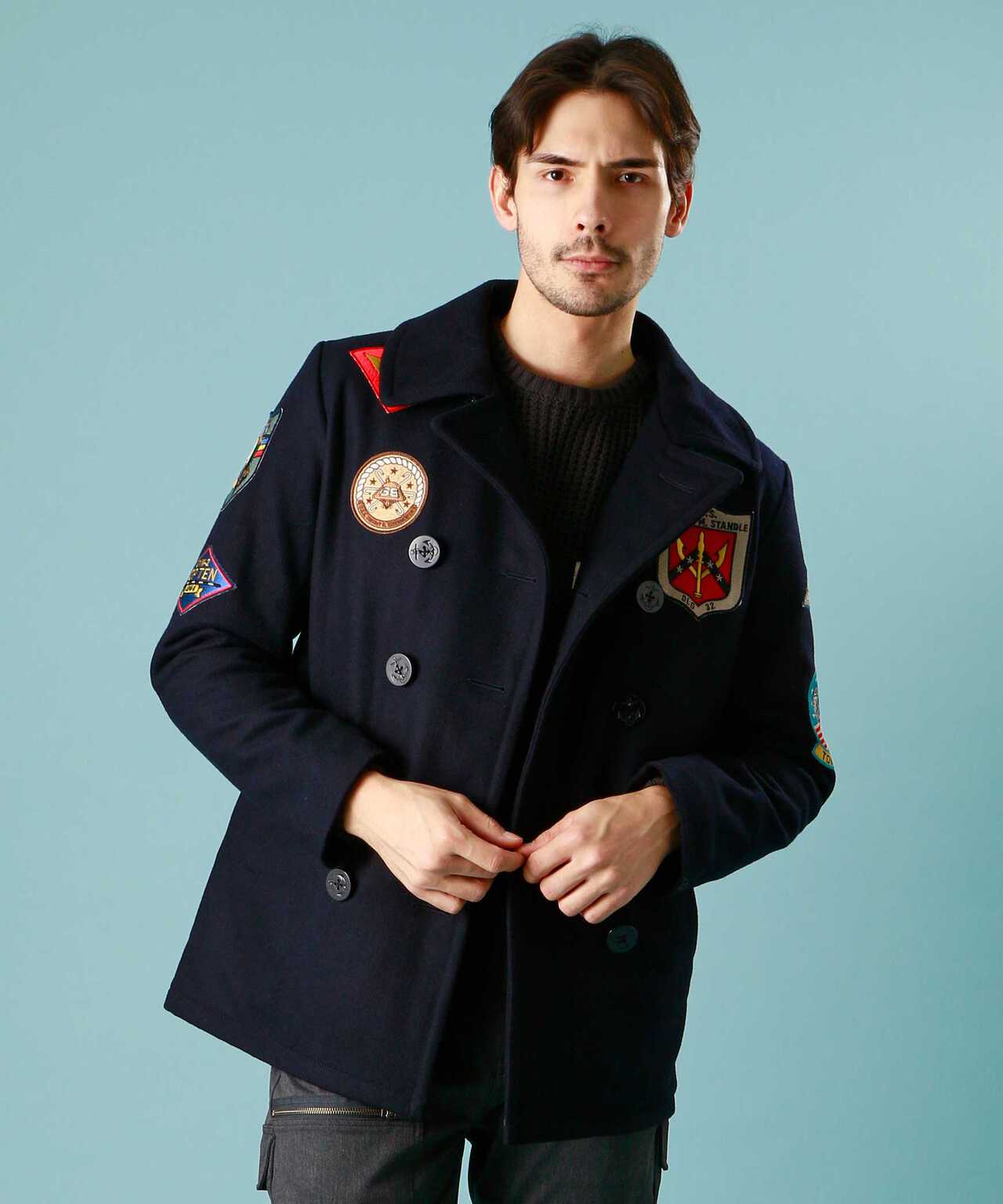 AVIREX Pコート 切替 袖レザー 牛革 ワッペン ダブル仕様 ブラック M