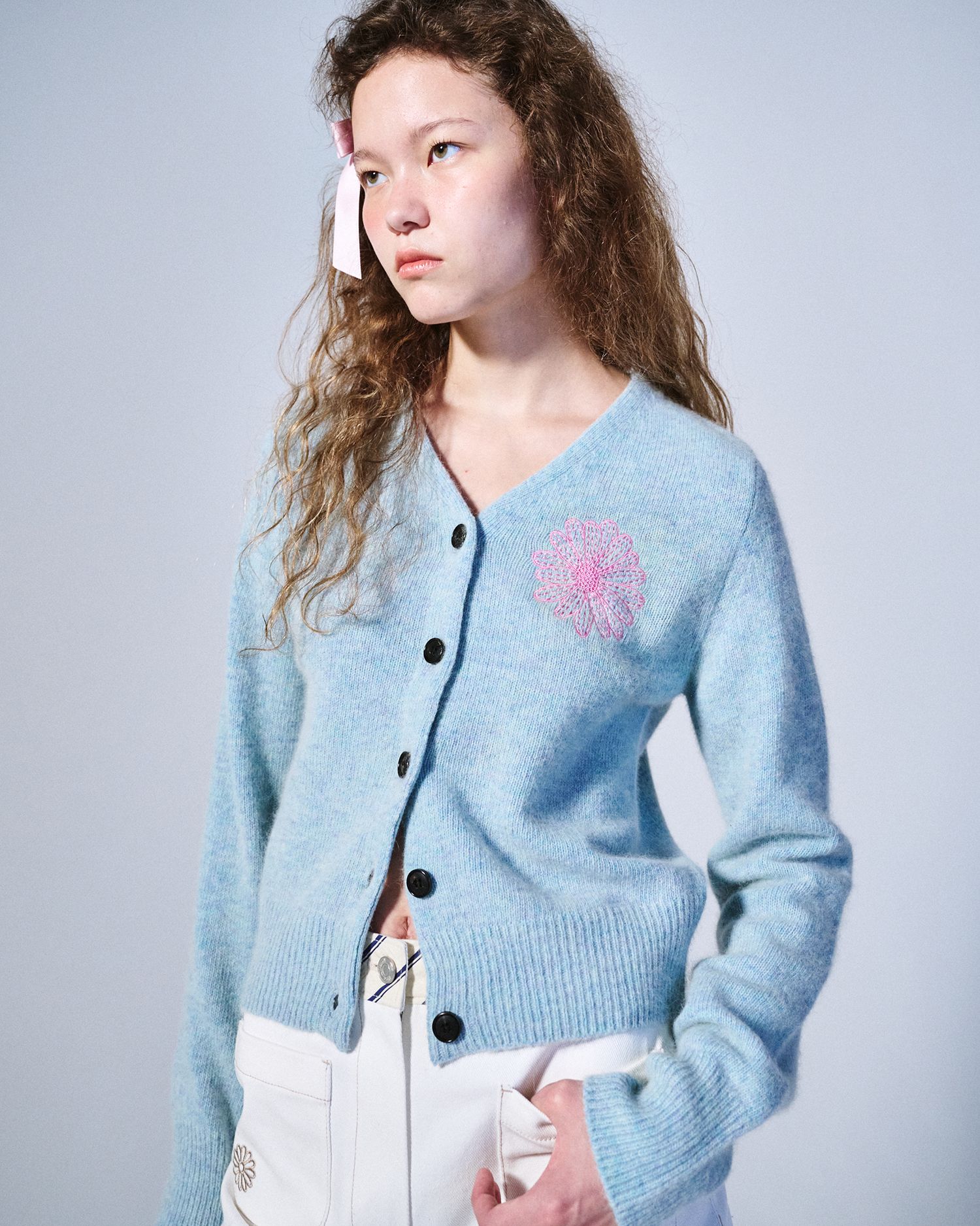 MUSINSA | MARDI MERCREDI RACCOON BLENDED CARDIGAN V NECK_MINT PINK