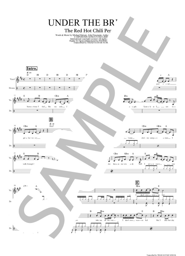 楽譜】Under The Bridge / ドラムスコア / THE RED HOT CHILI PEPPERS