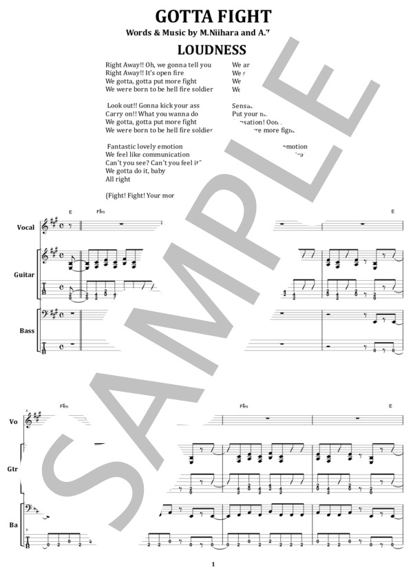 楽譜】ラウドネス / GOTTA FIGHT ギター＆ベース スコア 楽譜