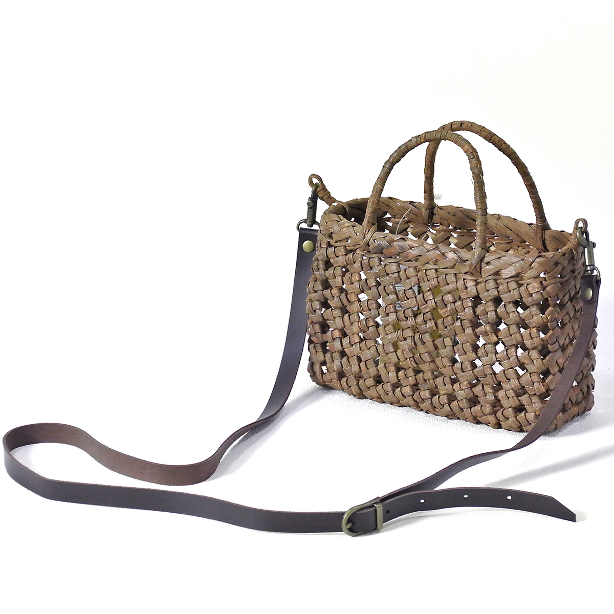 国産】山ぶどう蔓カゴバッグ「ミニバッグ・石畳」革ショルダー紐付