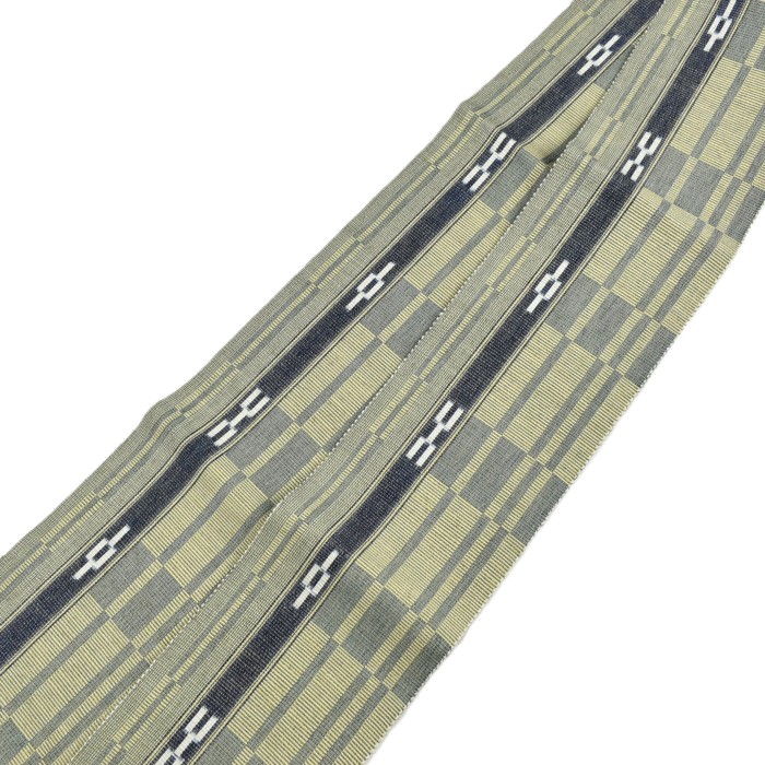 八重山ミンサー半幅帯 黄緑 格子｜やわらかな色合いのミンサー織 綿帯