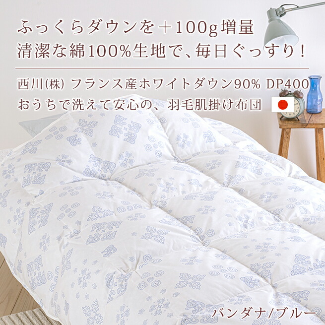 西川洗える夏用肌布団 たっぷり『増量0.4kg』フランス産ホワイトダウン