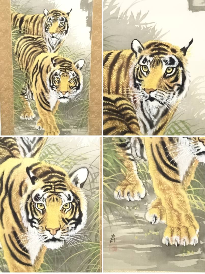 掛け軸 平井有因 猛虎 猛虎之図 絹本 希少 軸装 茶道具 掛軸 美品 です