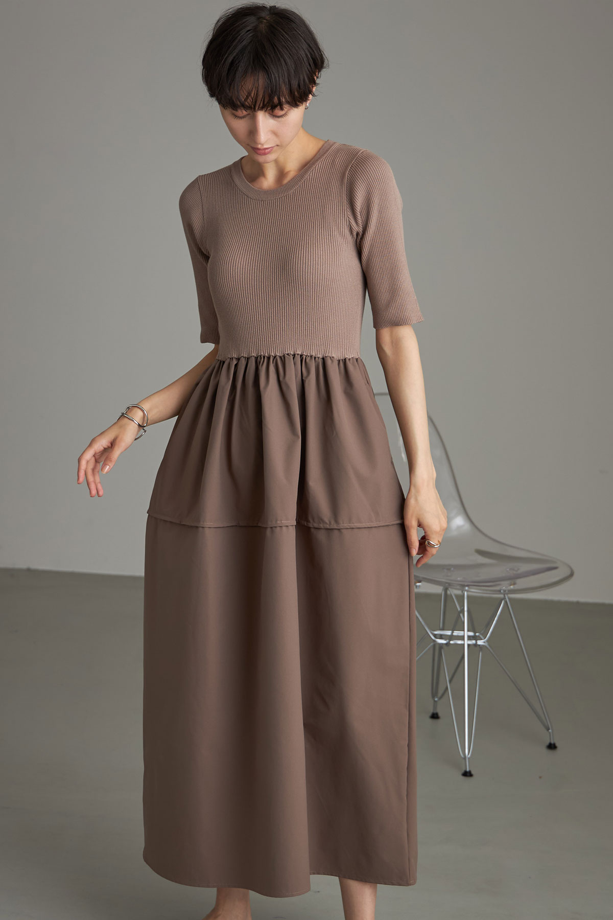 コクーンサマーニットドッキングワンピース