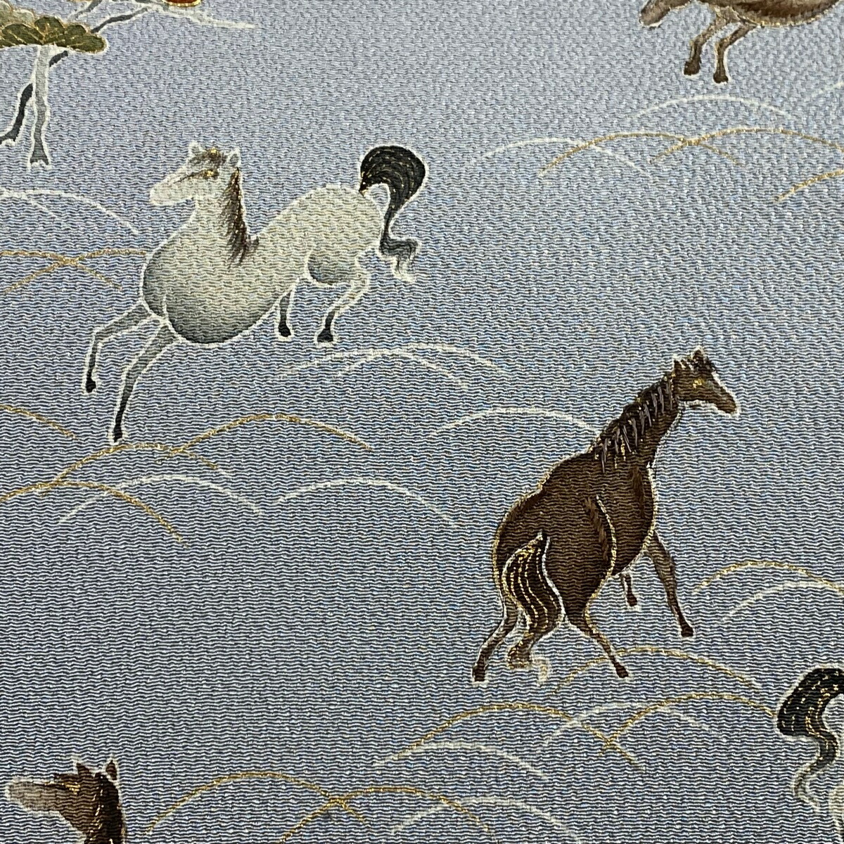 楽天市場】開き名古屋帯 逸品 馬 松 金糸 金彩 青灰色 正絹 【中古