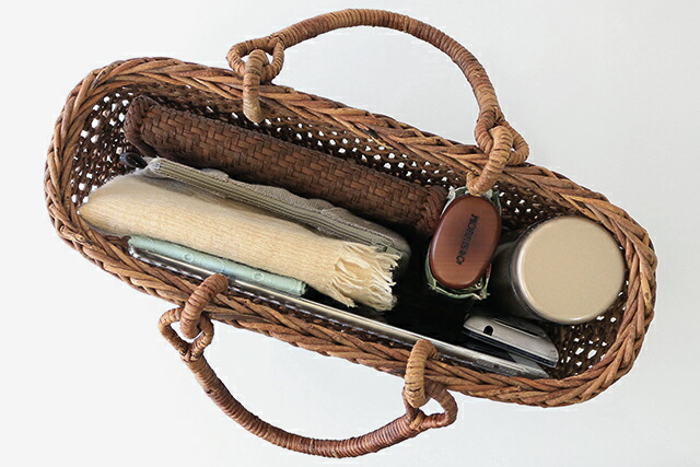 透かし編みあけび籠(国産材/中サイズ/リング取手)(約)幅34×マチ10.5