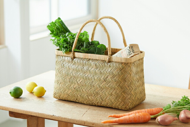 青竹市場かご(籐ハンドル/中サイズ)(約)幅41×マチ22×本体高さ24cm(約