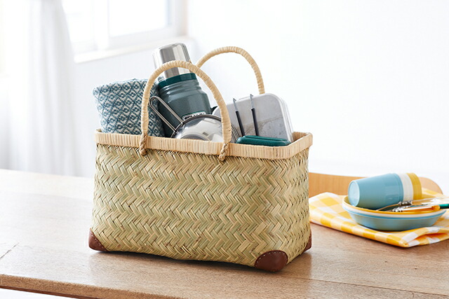 青竹市場かご(籐取手/小サイズ/レザー底あて付き)(約)幅38×マチ18×本体