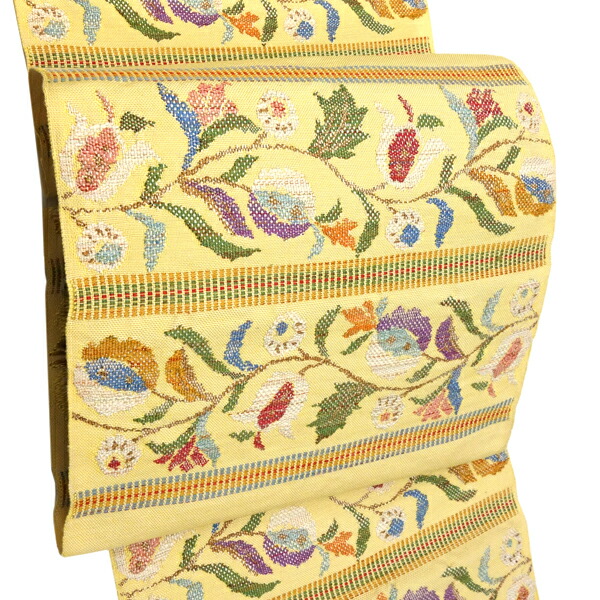 楽天市場】帯屋捨松 八寸名古屋帯 黄色 仕立て付き 紬帯 草花段文 横段