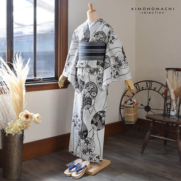 浴衣 レディース 単品 お仕立て上がり浴衣 綿絽浴衣「うちわ 白地、墨