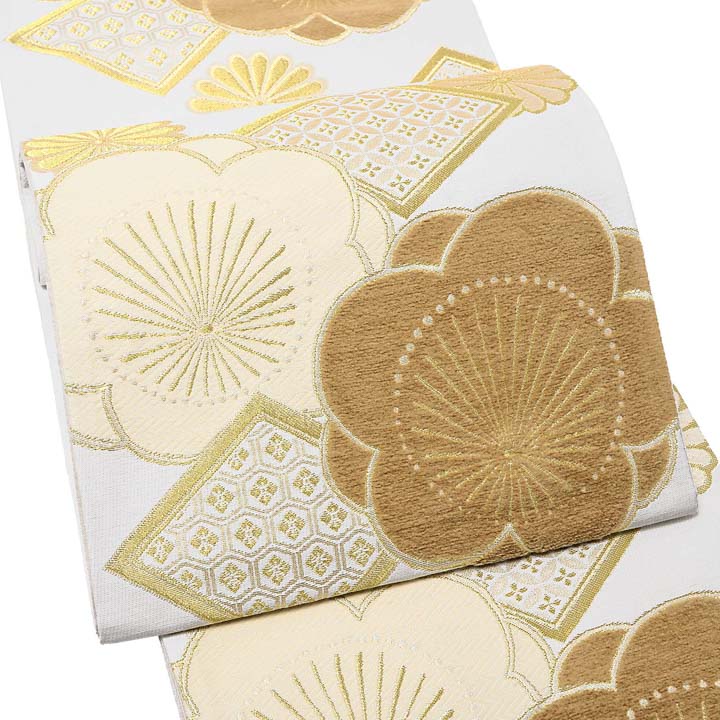 振袖 袋帯 単品「白地、金×香色 菱に梅菊」日本製 お仕立て上がり 振袖