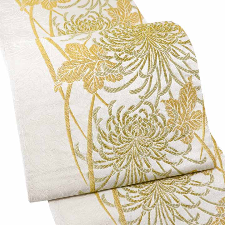 振袖 袋帯 単品「白地 黄金 糸菊」日本製 お仕立て上がり 振袖用 袋帯