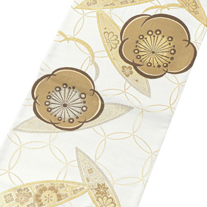 振袖 袋帯 単品「白地、金 輪違いに梅」六通柄 日本製 お仕立て上がり