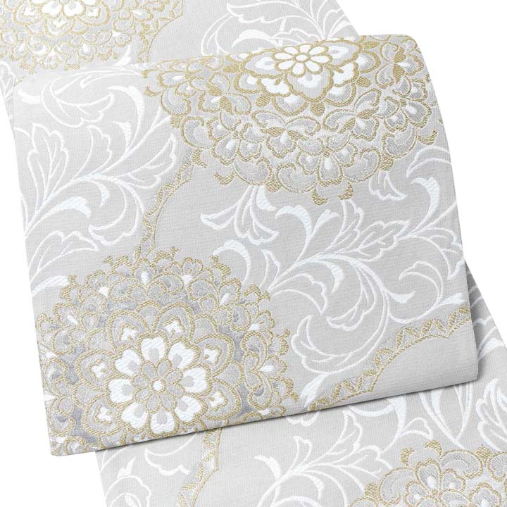 振袖 袋帯 単品「白鼠色 白×金 花唐草」六通柄 日本製 お仕立て上がり