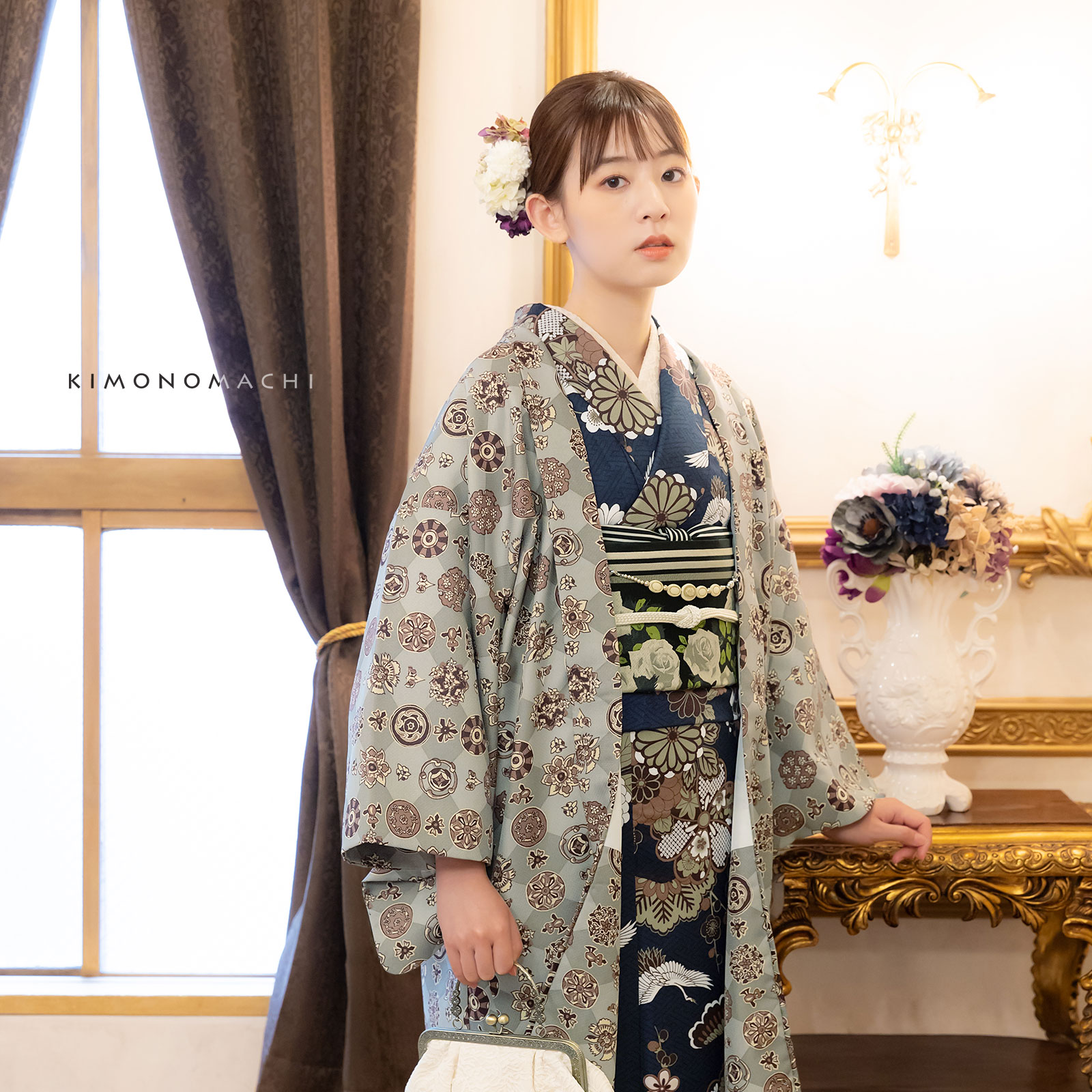 06鶴と花紋に紗綾形 紺色：KIMONOMACHI オリジナル 袷着物＋京袋帯＋