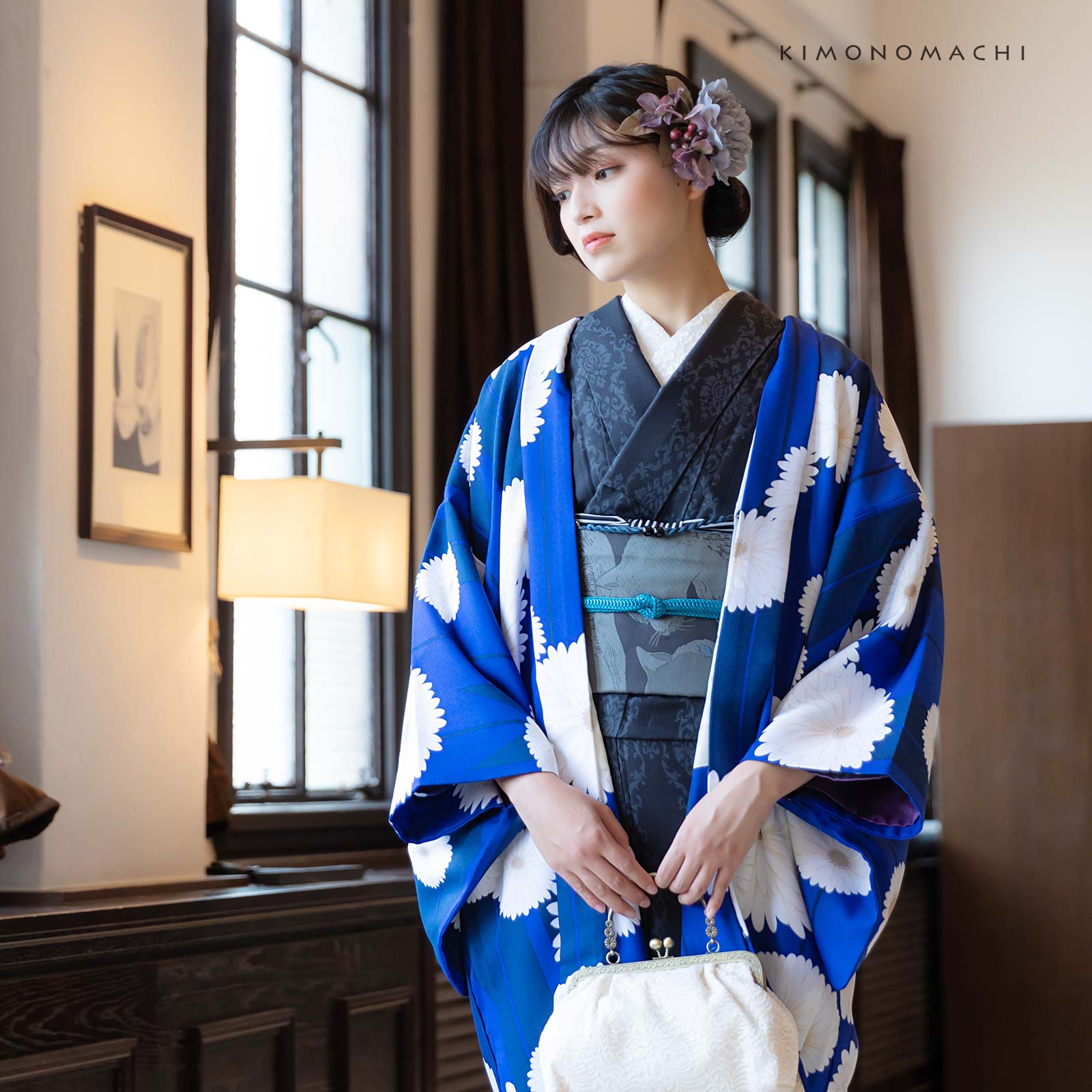 01アラベスク ブラック：KIMONOMACHI オリジナル 袷着物単品