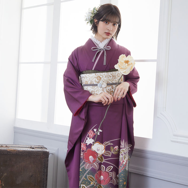 楽天市場】【成人式 振袖 レンタル】RS698 正絹 紫 椿と牡丹フルセット