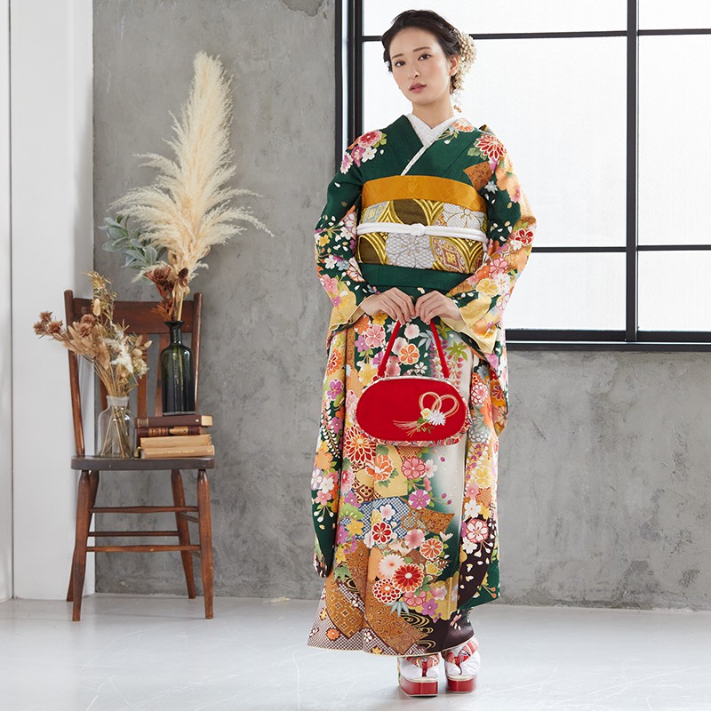 振袖フルセット6点サイズM〜L相良刺繍 振袖 流水花文 暈し染め 金彩