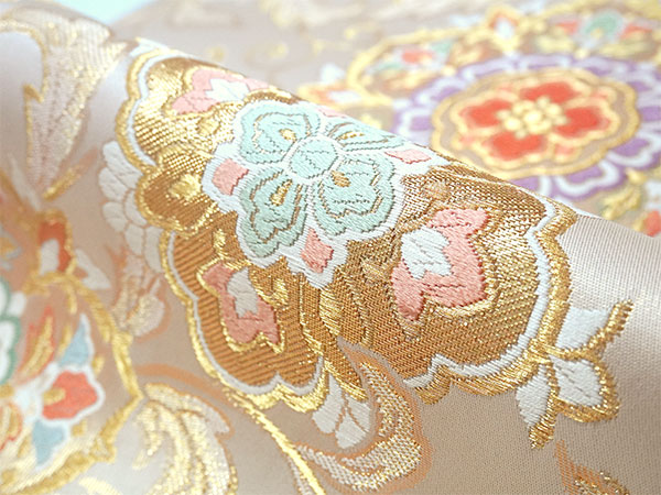 楽天市場】袋帯 正絹 西陣織 ベージュ ゴールド 華紋 唐草 六通柄 お