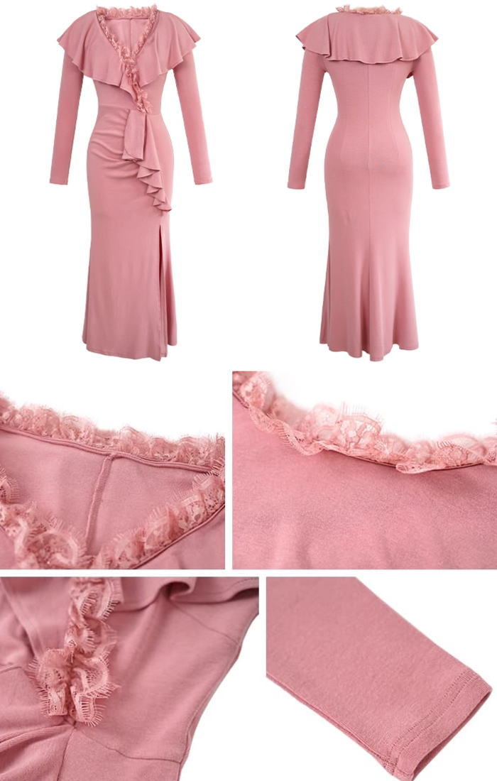 楽天市場】レディース vネック ワンピース レース フリル 長袖