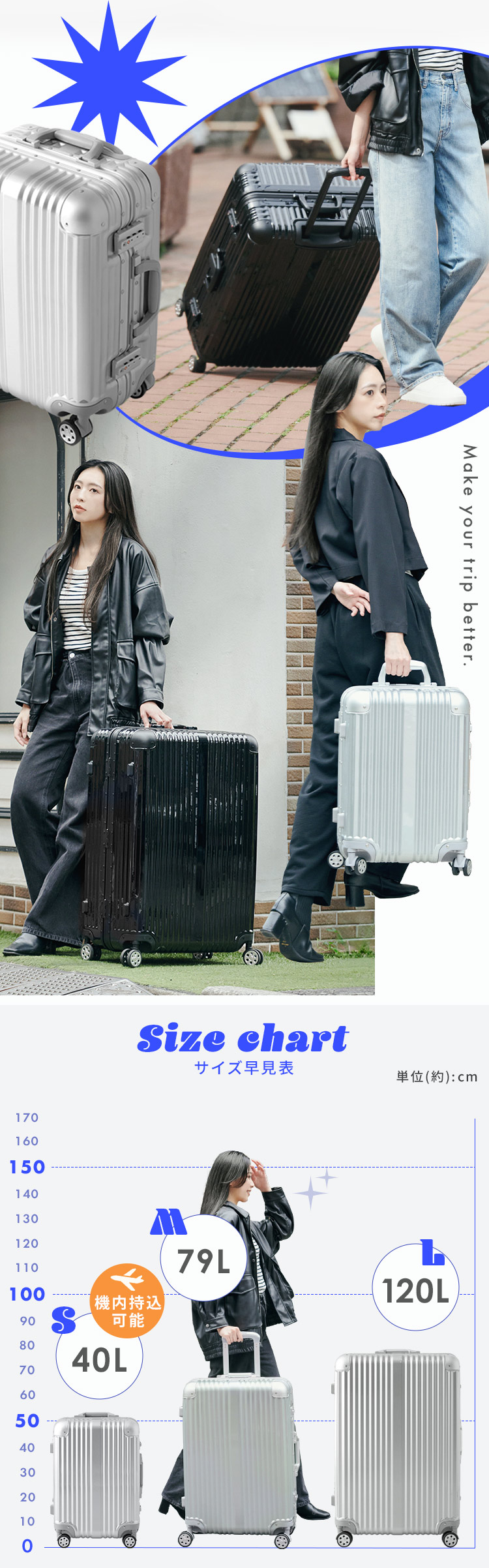スーツケース 機内持ち込み可能 Lサイズ 120L シルバー HY15054