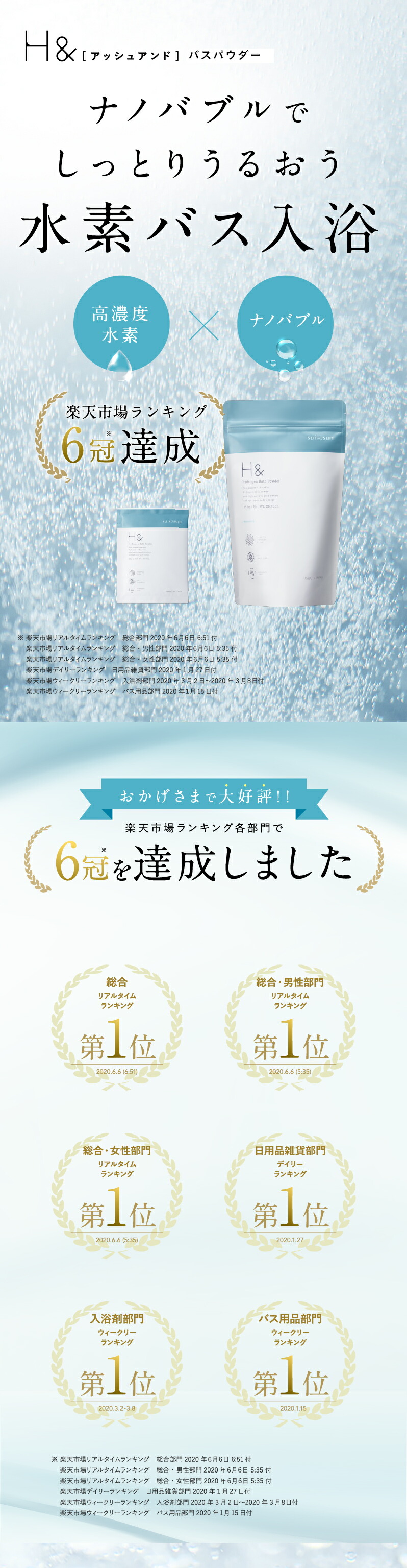 楽天市場】入浴剤 水素入浴剤 【120回分】 H＆ アッシュアンド 750g 4