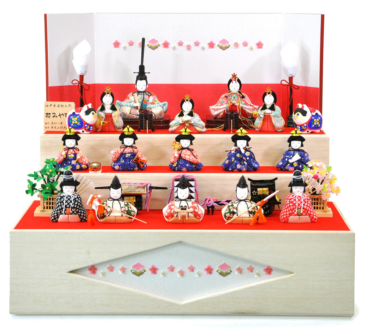 一秀作☆木目込み三段十五人収納飾りセット 【P81418】美しい白桐と桜