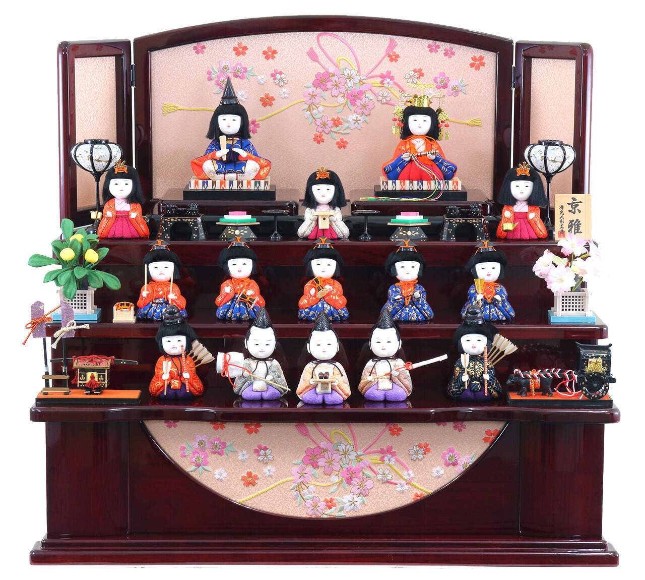 雛人形 木目込15人収納飾り【P82424】 木目の綺麗なコンパクト収納に