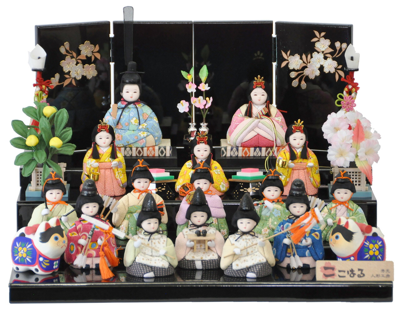 雛人形 木目込み15人飾り【P83448】 パステルカラーのお衣裳で揃えた