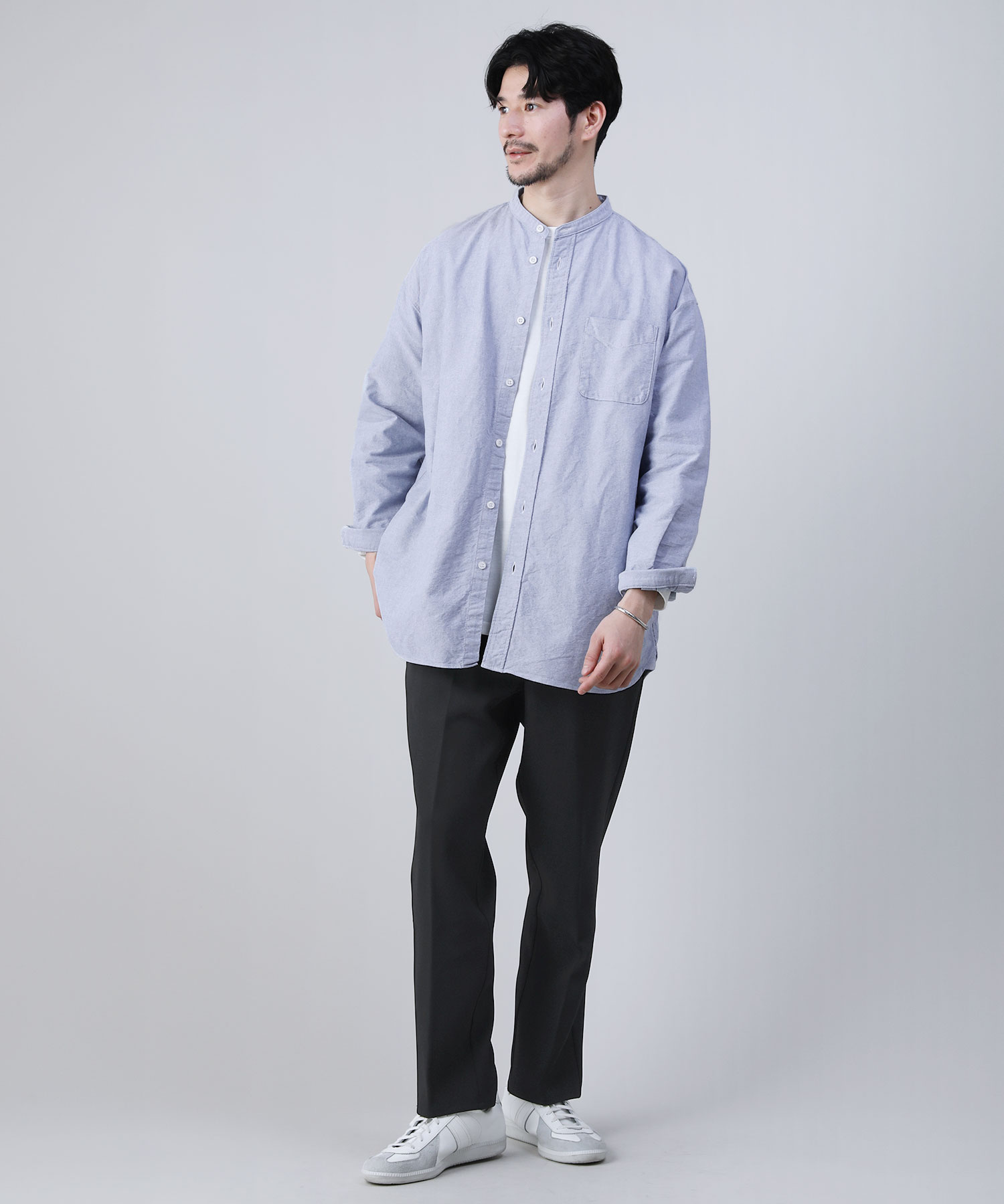 日本製播州織オックスフォードシャンブレーバンドカラー長袖ボクシーA