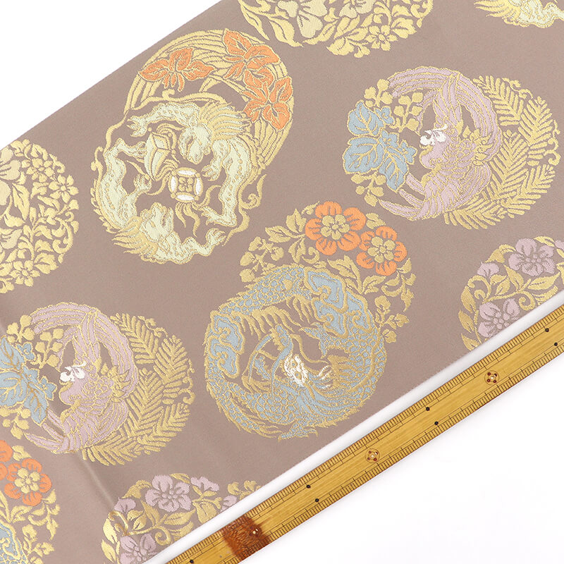 中古】 袋帯 正絹 草木染 六通柄 飛天 薄紫 丸文 鳳凰 龍 長さ439cm 幅