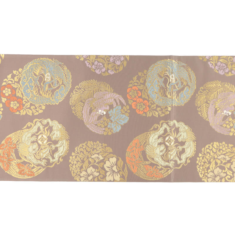 中古】 袋帯 正絹 草木染 六通柄 飛天 薄紫 丸文 鳳凰 龍 長さ439cm 幅