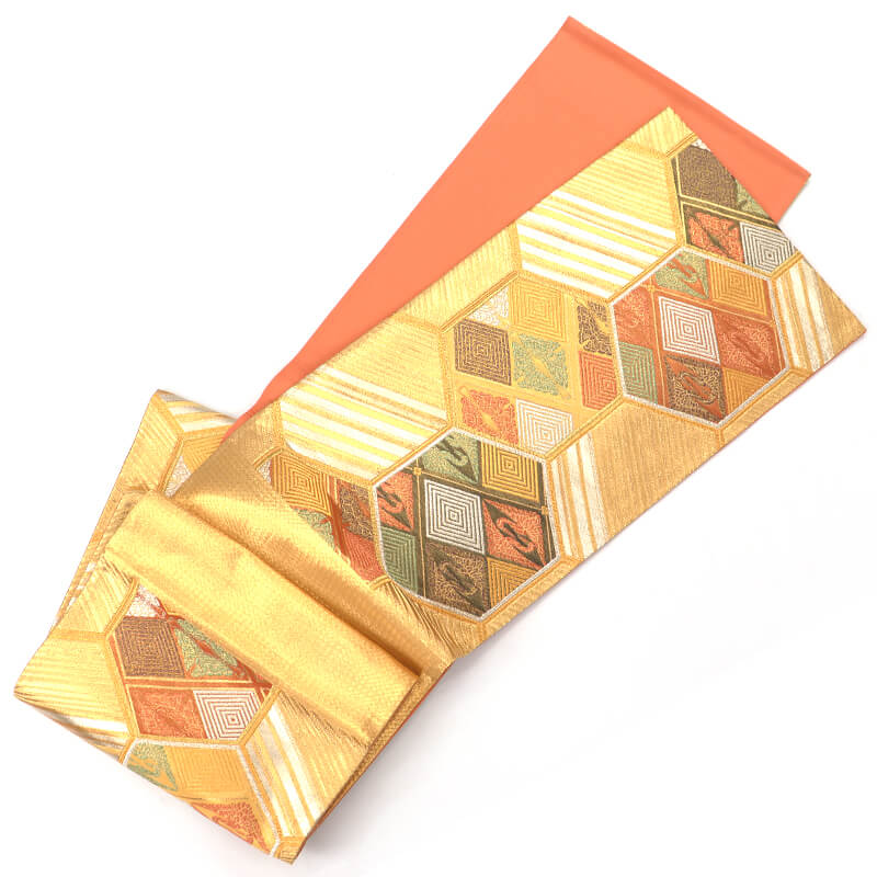 中古】 袋帯 礼装用 正絹 六通柄 金 亀甲 向い鶴 菱 長さ425cm 幅31cm