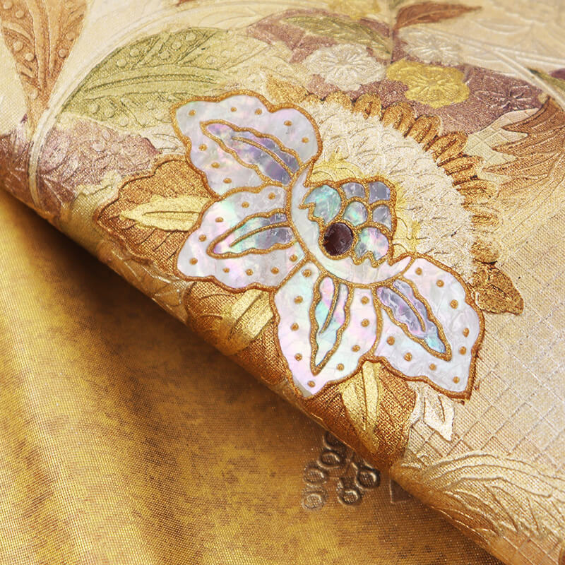 中古】 袋帯 箔地 正絹 お太鼓柄 金 螺鈿使い 花唐草 長さ430cm 幅31cm