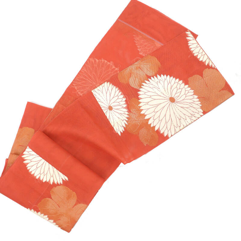 中古】 夏袋帯 夏用 袋帯 正絹 六通柄 オレンジ 菊 長さ424cm 幅30cm
