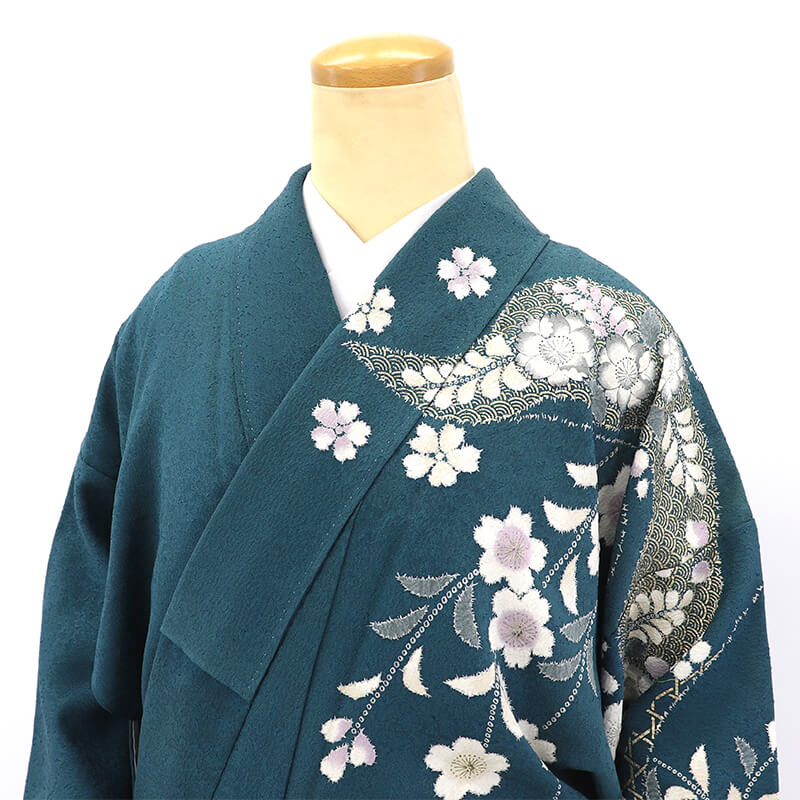 中古】 訪問着 袷 レディース 正絹 青緑 辻が花 道長取り 身丈157.5cm