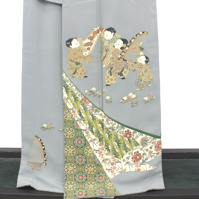 中古】 色留袖 三つ紋 丸に根笹 袷 レディース 正絹 灰水色 童子 楽器