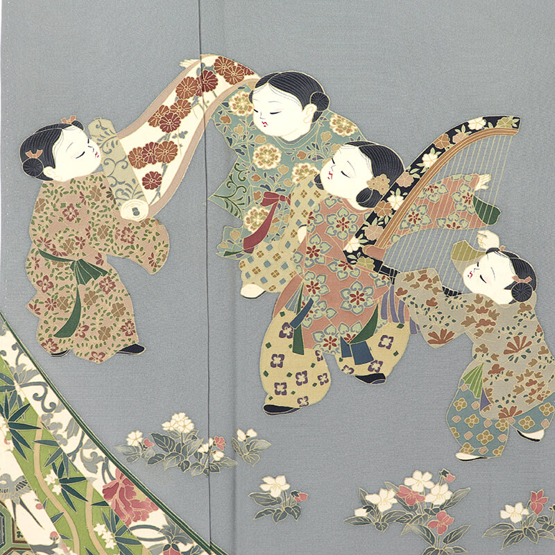 中古】 色留袖 三つ紋 丸に根笹 袷 レディース 正絹 灰水色 童子 楽器