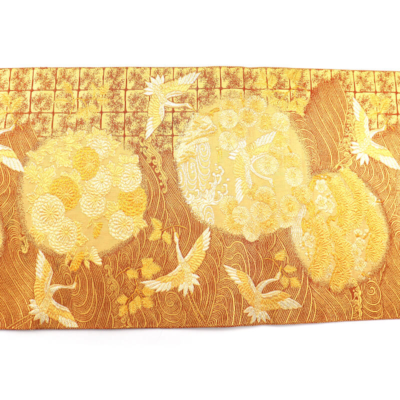 中古】 袋帯 フォーマル 留袖・訪問着向き 正絹 六通柄 朱金 碁盤縞 鶴