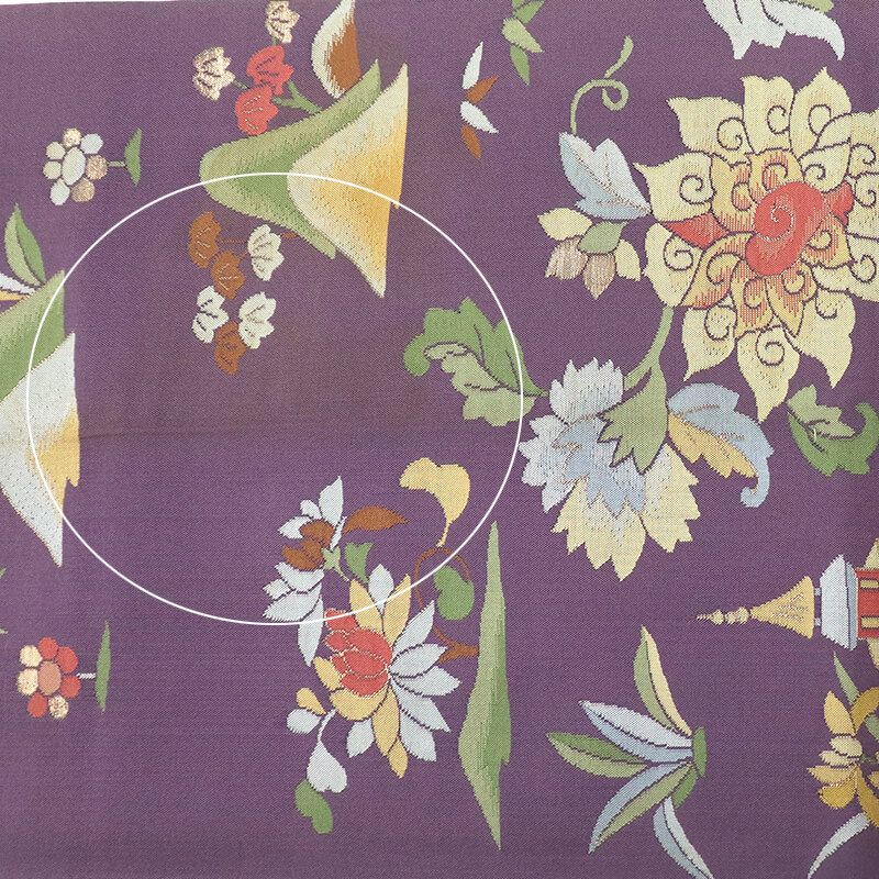 中古】 袋帯 正絹 六通柄 紫 楼閣 風景柄 長さ433cm 幅30.5cm